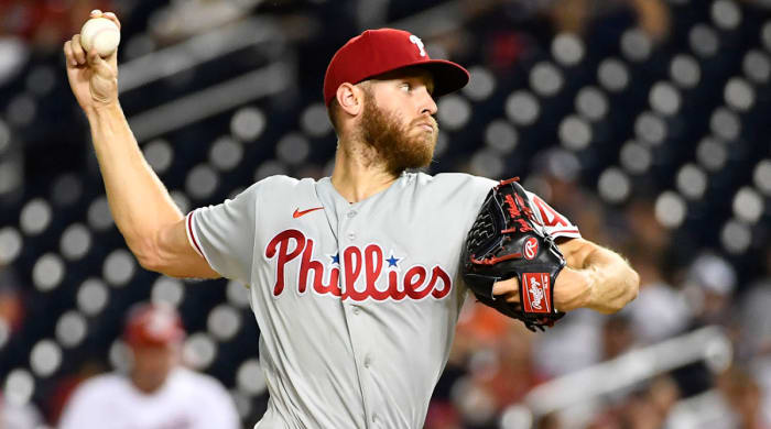 Phillies starting pitcher Zack Wheeler (45) throws to the Nationals during the sixth inning at Nationals Park.